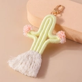 Handmade woven cactus keychain with pink pom-poms and white tassel in light green color - Yellow