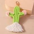 Bohemian green woven cactus keychain with pink pom-poms and white tassels - Cyan
