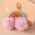 Portachiavi arcobaleno con pompon rosa e corde intrecciate colorate su gancio dorato - Grigio