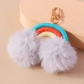 Rainbow woven keychain with blue orange yellow cords and two grey plush pompom balls - Blue