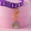 Detail von lila Pfoten-Halsband mit Stay Pawsitive Emaille-Anhänger auf rosa Sockel - Hunde-Stil / Lila