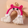 Handmade woven rainbow keychain with pink cotton ropes and golden metal clasp - Rose Red