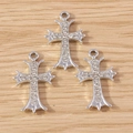 Three gothic silver alloy cross pendants with sparkling white zircons on wood surface - Gothic Style Cross / 10 Pieces Pack / Silver