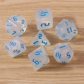 Detail of translucent white resin polyhedral dice set with blue numbers on wood background - 7-Pack Set / Transparent Blue