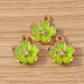 Three green enamel flower pendants with gold plating and center diamond for jewelry making - Green