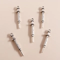 Five vintage silver syringe alloy charms with scale details for DIY jewelry making - 10 Pieces Pack / Silver