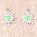 Silver sunflower charms with green enamel smiley face and sparkling rhinestones for DIY jewelry - Sun Smiley Face (YD1333) / 10 Pieces Pack / Silver Green
