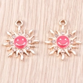 DIY charm in sun shape with pink smiley face and crystals on golden metal base - Sun Smiley Face (YD1333) / 10 Pieces Pack / Gold Red