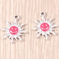 Silver alloy sunflower pendants with pink enamel smiley face and sparkling rhinestones - Sun Smiley Face (YD1333) / 10 Pieces Pack / Silver Red