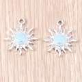 Silver alloy sunflower pendant with light blue enamel smiley face and sparkling rhinestones - Sun Smiley Face (YD1333) / 10 Pieces Pack / Silver Blue