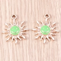 Golden sunflower alloy pendant with green enamel smiley face and sparkling crystals - Sun Smiley Face (YD1333) / 10 Pieces Pack / Gold Green