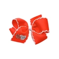 Red bow hair clip with white ruffle edges and sparkling heart sequins on textured ribbon - Red with White Edge