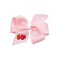 Pink grosgrain ribbon bow hair clip with red glitter hearts and wavy lace edges - Pink with White Edge
