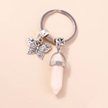 Pink hexagonal stone pillar keychain with silver butterfly charm and metal ring - Pink Butterfly Crystal (YZ194hudie)