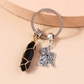 Black hexagonal crystal stone keychain with gold wire wrap and silver angel wing charm - Black Angel Pendant (YZ194heise)