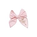 Pink fabric bow hair clip featuring delicate golden ballerina girl embroidery for girls - Light Pink Girl