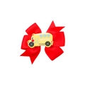 Red grosgrain ribbon bow hair clip featuring a cartoon yellow school bus decorative element - School Bus Style