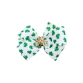 Saint Patrick's Day hair bow with green shamrock prints and a golden glitter center - White Print Shamrock Gold Decoration / White Bow (MC6859)