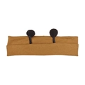 Close-up of ginger yellow knitted baby headband with black pom-pom antenna details - Coffee Brown
