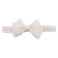 Elastic beige baby headband featuring a large layered tulle bow and floral lace band - Light Apricot