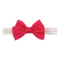 Elastic baby headband with a vibrant rose pink satin bow and white lace strap - Rose Red