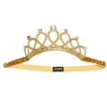 Golden glitter crown baby headband with white pearl, rhinestones and elastic yellow band - Gold