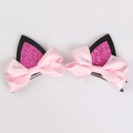 Barrettes oreilles de chat à paillettes roses et nœuds en satin pour enfants - Paire de Pinces Oreilles de Chat Nœud Rose