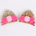 Glitzernde Katzenohr-Haarspangen mit goldenen Pailletten und rosa Pompons im 2er-Set - Rosa Plüschball Katzenohr Paar Clips