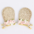 Paire de barrettes oreilles de chat pailletées dorées avec fleurs pour enfants - Paire de Pinces Oreilles de Lapin Longues d'Or avec Petite Fleur