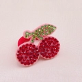 Pink cherry hair tie with red sparkling rhinestones and green crystal leaf details - Cherry (MT028)
