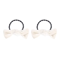 Pair of cream velvet bow hair ties with black elastic bands for kids and toddlers - Pearl White