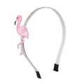 Glinsterende zilveren haarband met een gedetailleerd geborduurde roze flamingo voor kinderen - Roze Flamingo Hoofdband (MH233)
