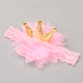 Diadema rosa de encaje para bebé con flores de tul y pequeña corona dorada - Encaje Rosa con Corona Dorada de Doble Cara (MB728)