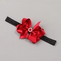 Elastic baby headband featuring a large red satin bow with a sparkling rhinestone center - Wine Red Flower Headband (MB730)