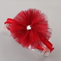 Elastic deep red baby headband featuring a layered mesh flower with a square rhinestone - Red Flower Rhinestone Headband (MB1799)