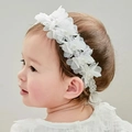 White lace baby headband featuring 3D chiffon flowers and elegant pearl accents - White Flower Lace Hairband (MB724)