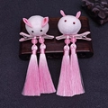 Traditional Chinese rabbit tassel hair clips for girls with pink beads and plush details - Pink Rabbit Tassel (MC1265)