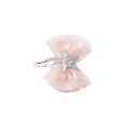 Close-up of pink mesh bow hair clip with silver glitter star and sequin metal base - Pink