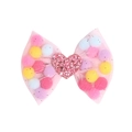 Barrette à cheveux nœud en tulle rose avec pompons colorés et cœur à paillettes - MC751 Cœur à Paillettes