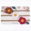 Set de 3 diademas de nailon con flores de ganchillo para bebés en marrón, blanco y rosa - Flores Ganchillo Café Blanco Rosa