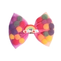Pink mesh bow hair clip for girls with colorful pompoms and rainbow heart charm - MC756 Magic Rainbow