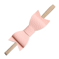 Pink textured faux leather bow headband for babies with beige high elasticity strap - Pink Faux Leather Bow Style (MB131)
