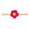 Handmade crochet flower baby headband in magenta and yellow with soft nylon elastic band - Rose Red Daisy Crochet Style