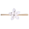 Fascia per neonata beige con fiore bianco, perle e strass su tessuto a maglia elastica - Fiore a 5 Petali con Perla Artificiale (MB150)