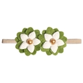Fascia elastica per neonati con due fiori di feltro bianchi, perle dorate e foglie verdi - MB140 Fiore Perla Artificiale Verde Bianco