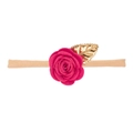 Elastic baby headband featuring a pink felt rose and a golden leaf on a nude nylon strap - Rose Red Felt Flower Style