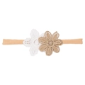 Elastic baby headband with pink nylon band and two delicate lace flowers in white and gold - White & Gold Embroidered Double Flowers