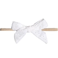 Weiches elastisches Baby-Stirnband mit einer weiß bestickten Baumwollschleife - MB145 Weiße Lochstickerei Schleife