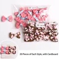 Pink floral and brown polka dot bow hair clips set with cardboard display - 40Pcs Pack / Floral And Brown Dot (MS2277)