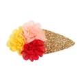 Pinza para el pelo con lentejuelas doradas y tres flores de tela hechas a mano para niñas - Cono de Flor Roja Tricolor